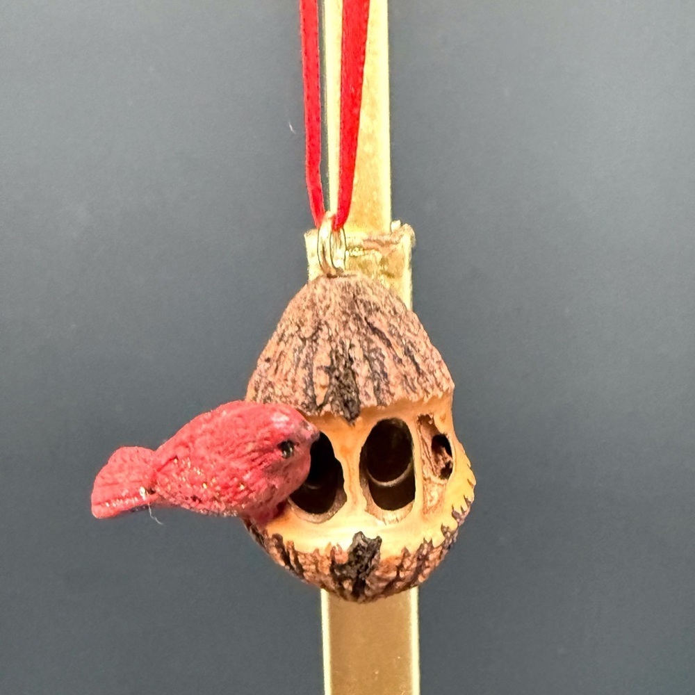Handmade Hand-Painted & Carved Black Walnut Christmas Ornament with Red Bird